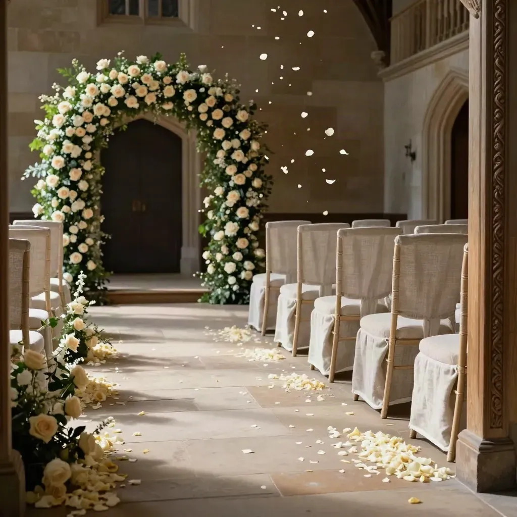 Empty manor ceremony aisle with pale chairs, floral arch and falling petals