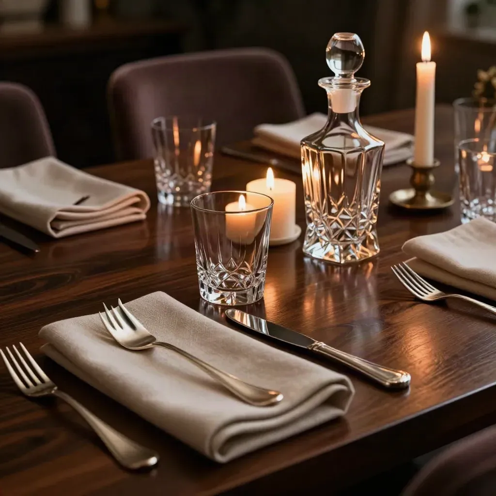 Candlelit private dining table with linen napkins, silver cutlery, decanters and velvet chairs.