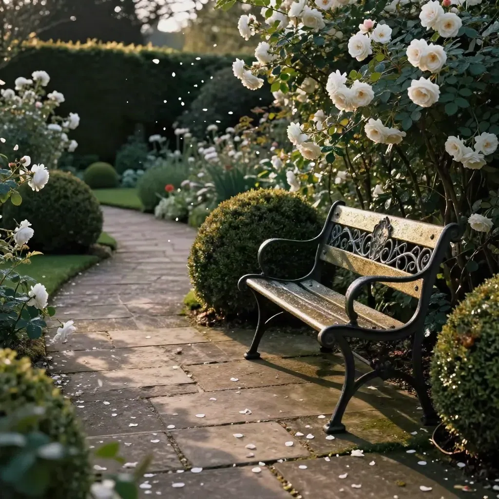 Stone garden path with roses, clipped yews and a wrought-iron bench, petals drifting.