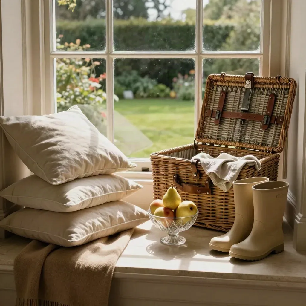 Sunlit family nook with cushions, wellies, picnic basket and fruit bowl in a manor window seat.