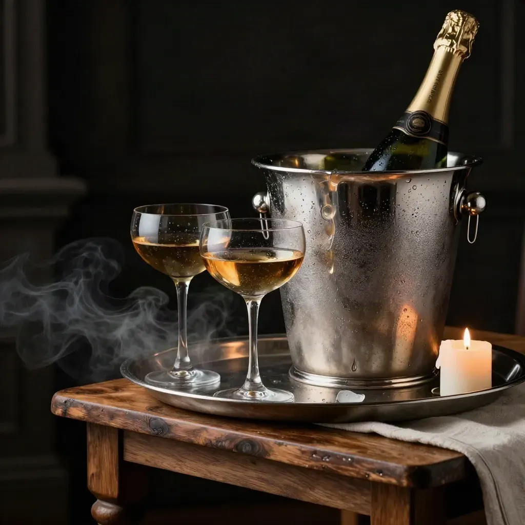 Ice bucket, bottle, coupe glasses and candle stub on a tray in candlelit haze.