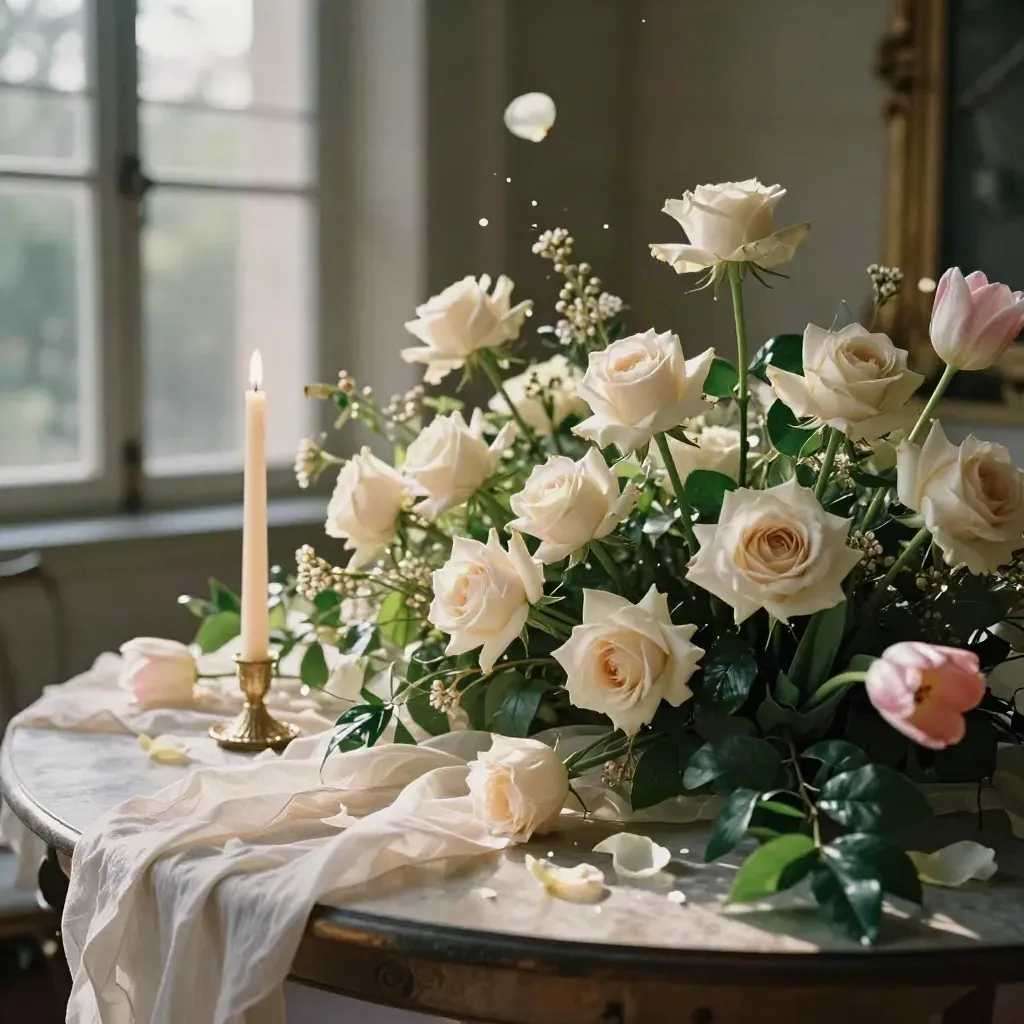 Sunlit spring wedding tablescape in an orangery with roses, tulips, candles and green foliage.