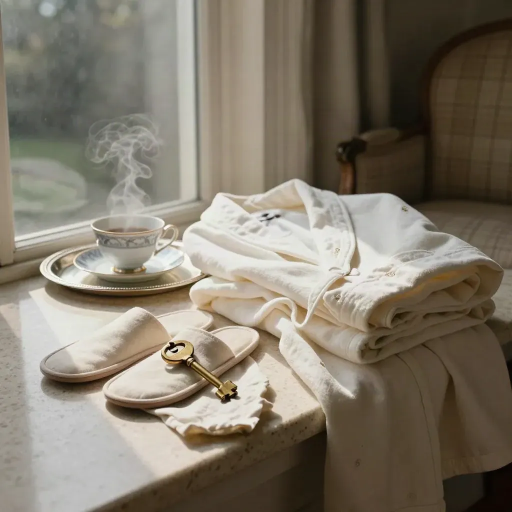 Folded robe, slippers, steam from tea, and brass key on linen in a manor suite.