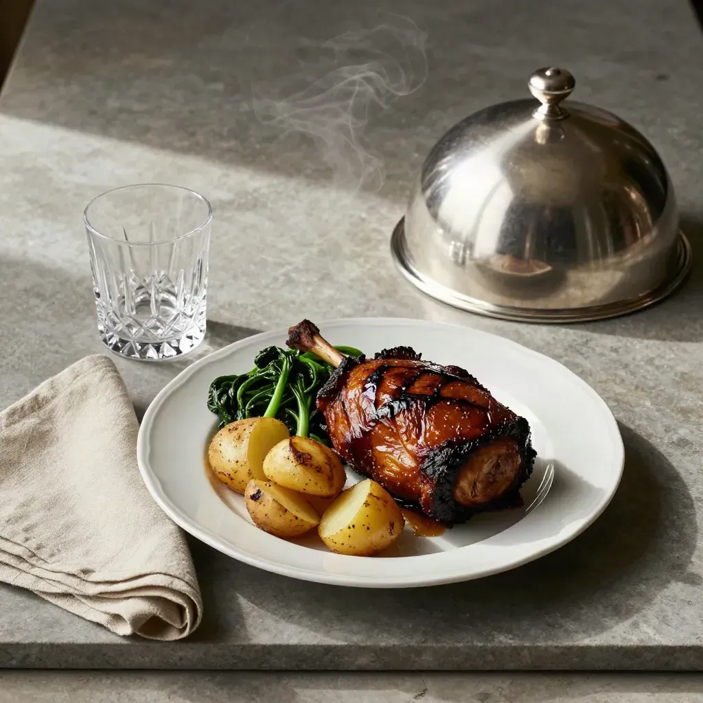 Overhead Sunday lunch flatlay with roast, greens, crystal glass, linen napkin and lifted cloche.