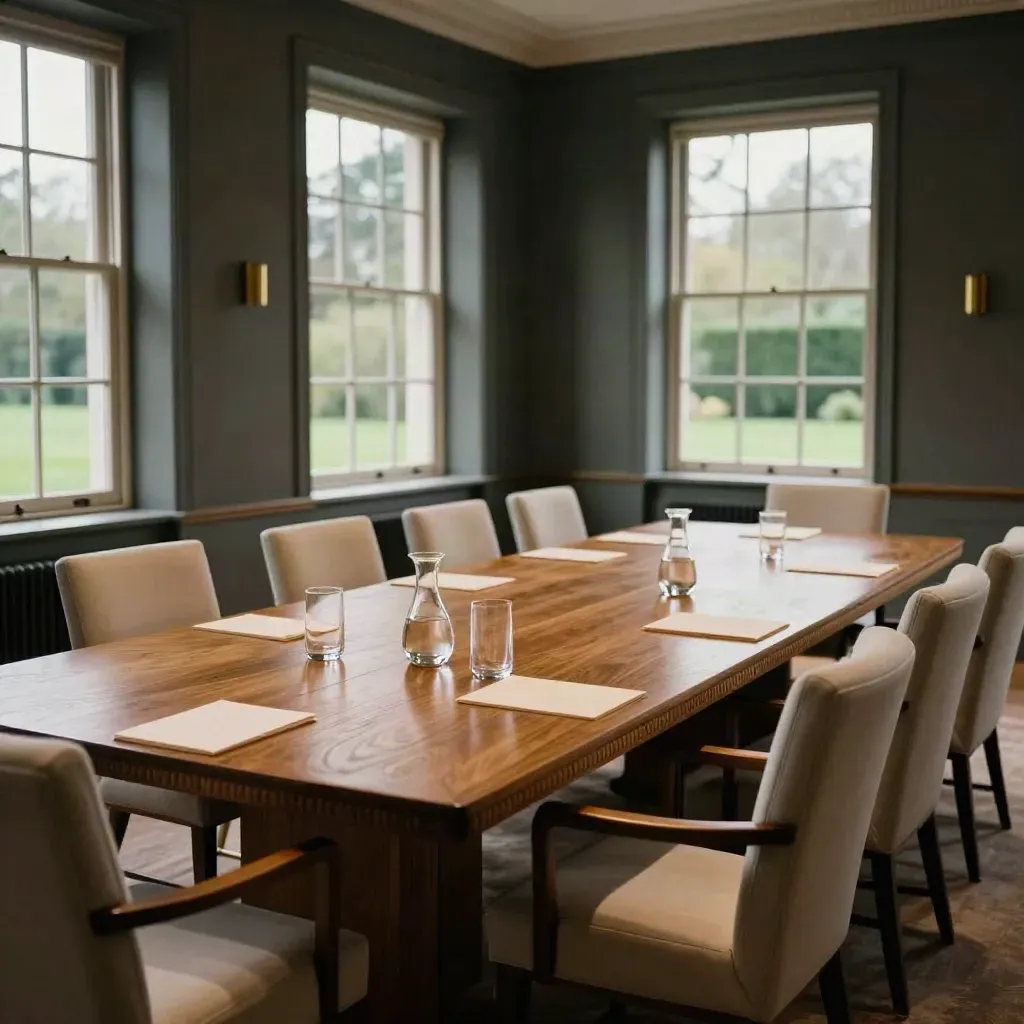 Oak boardroom table, chairs, carafes and notepads in a quiet manor conference room