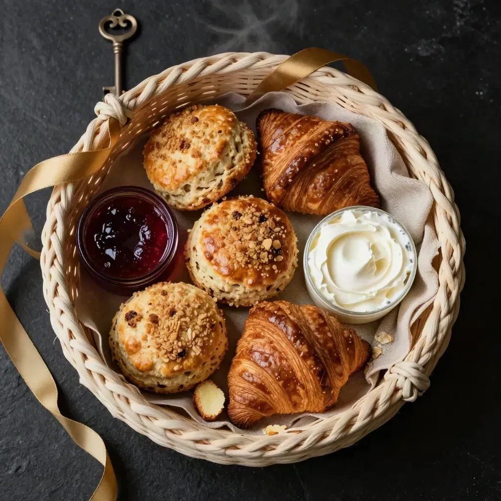 Top-down hamper with scones, jam and clotted cream on black stone, ribbon loosened, steam rising.