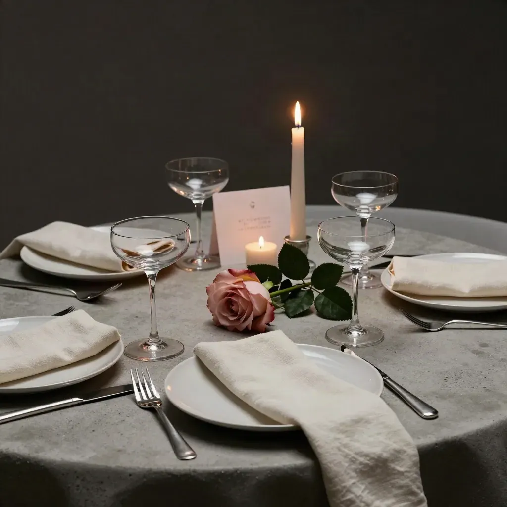 Elegant engagement dinner table for four with candles, coupe glasses, roses, and silver cutlery.