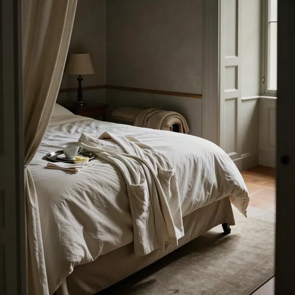 Manor bedroom with an unmade bed, folded robe, tea tray and open curtain in warm morning light.
