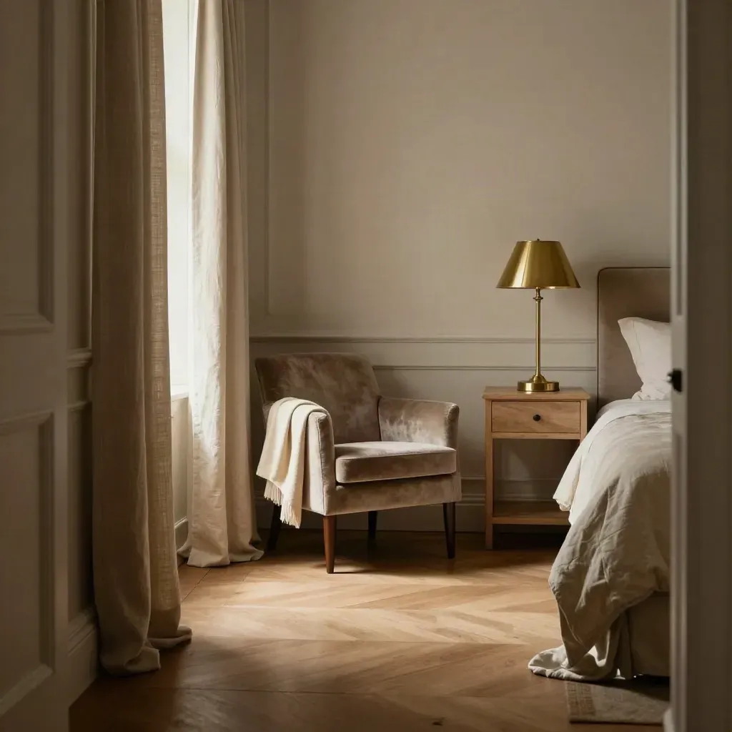 Manor bedroom corner with linen curtains, velvet chair, brass lamp and rumpled coverlet