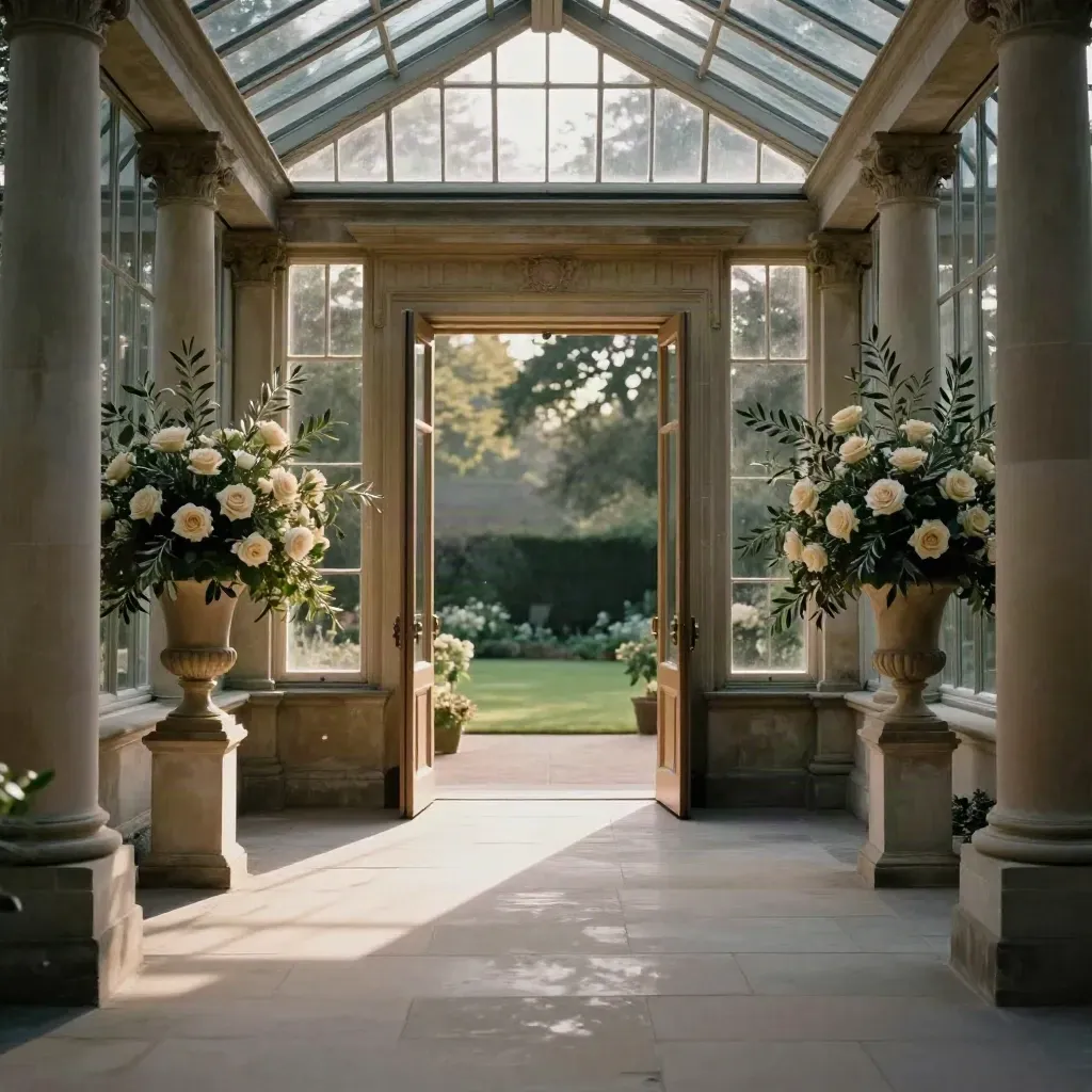 Sunlit orangery aisle with stone columns, floral urns, and calm stone floor under a glass roof.