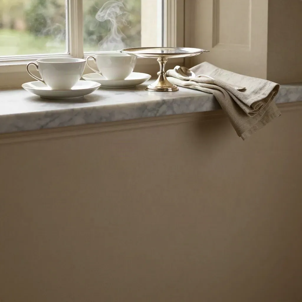 Steam rises from afternoon tea cups on a marble ledge with linen and silverware.