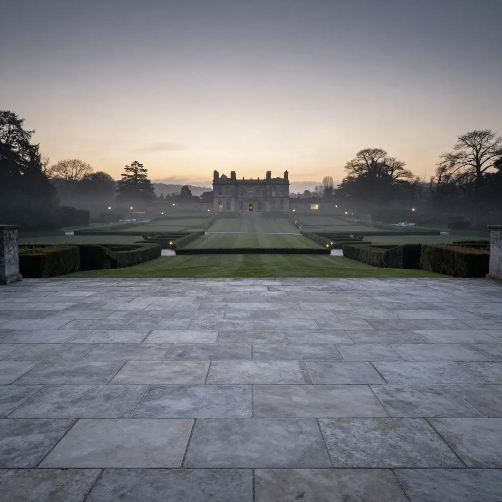 Dusk terrace over lawns with manor silhouette, mist, and glowing lanterns