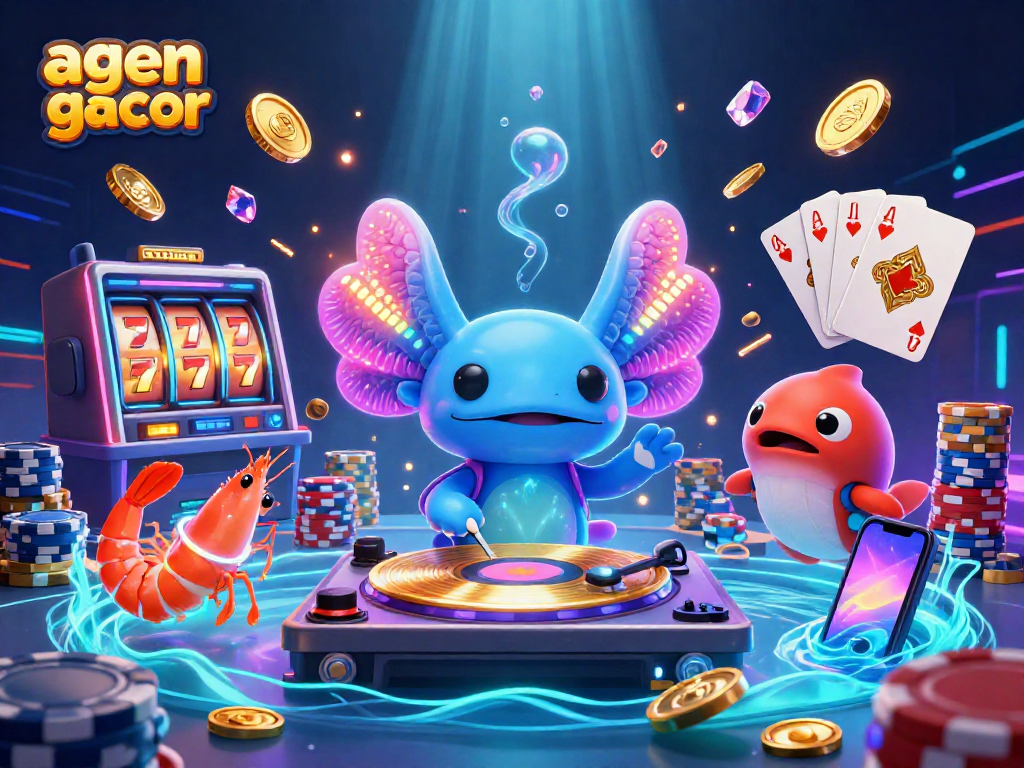 Spin lucky slots with bright 3D characters in a vibrant casino, featuring agen gacor elements.