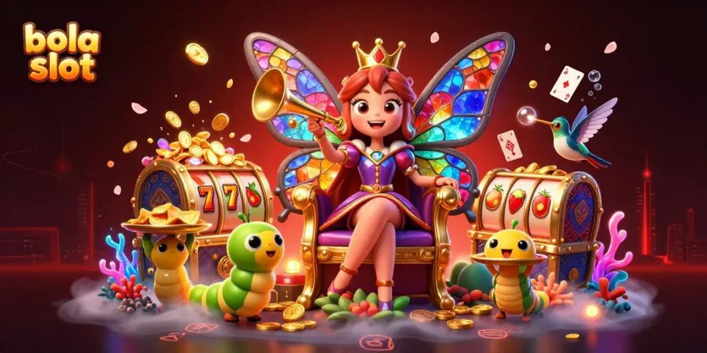 Experience the vibrant world of bola slot with an enchanting illustration of a butterfly queen and treasure-filled scene.