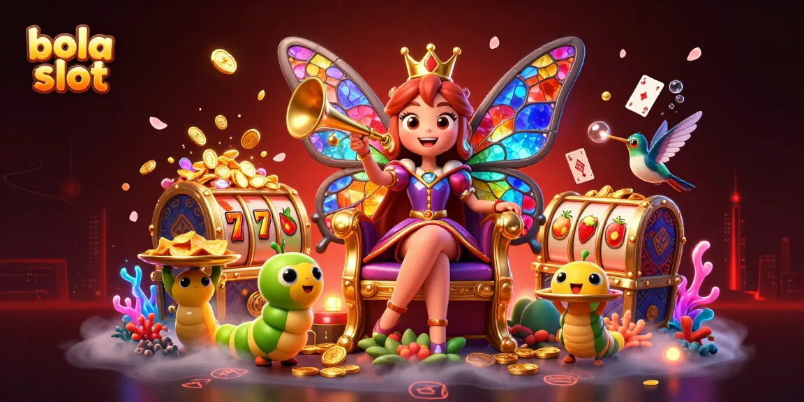Experience the vibrant world of bola slot with an enchanting illustration of a butterfly queen and treasure-filled scene.