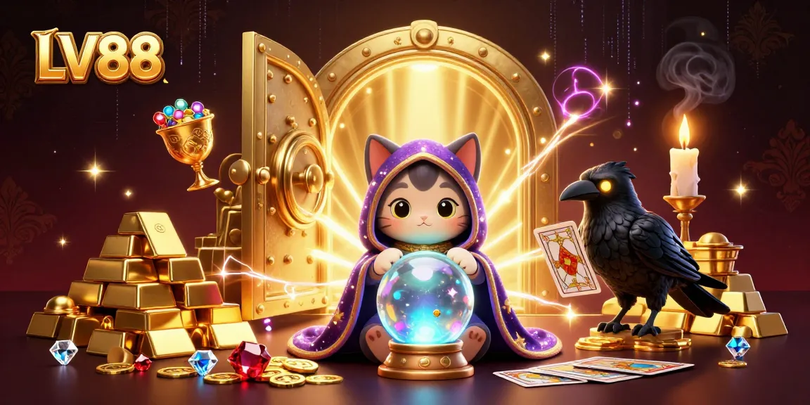 Experience the magic of LV88 with a mystic cat, tarot raven, and treasure vault in this vibrant gambling illustration.