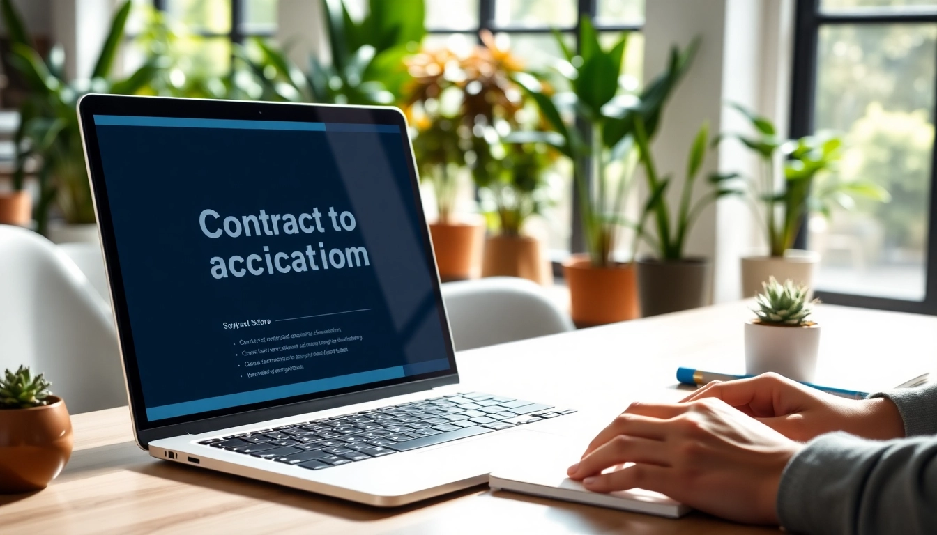 Showcasing contract administration documentation software on a sleek laptop in a bright office.