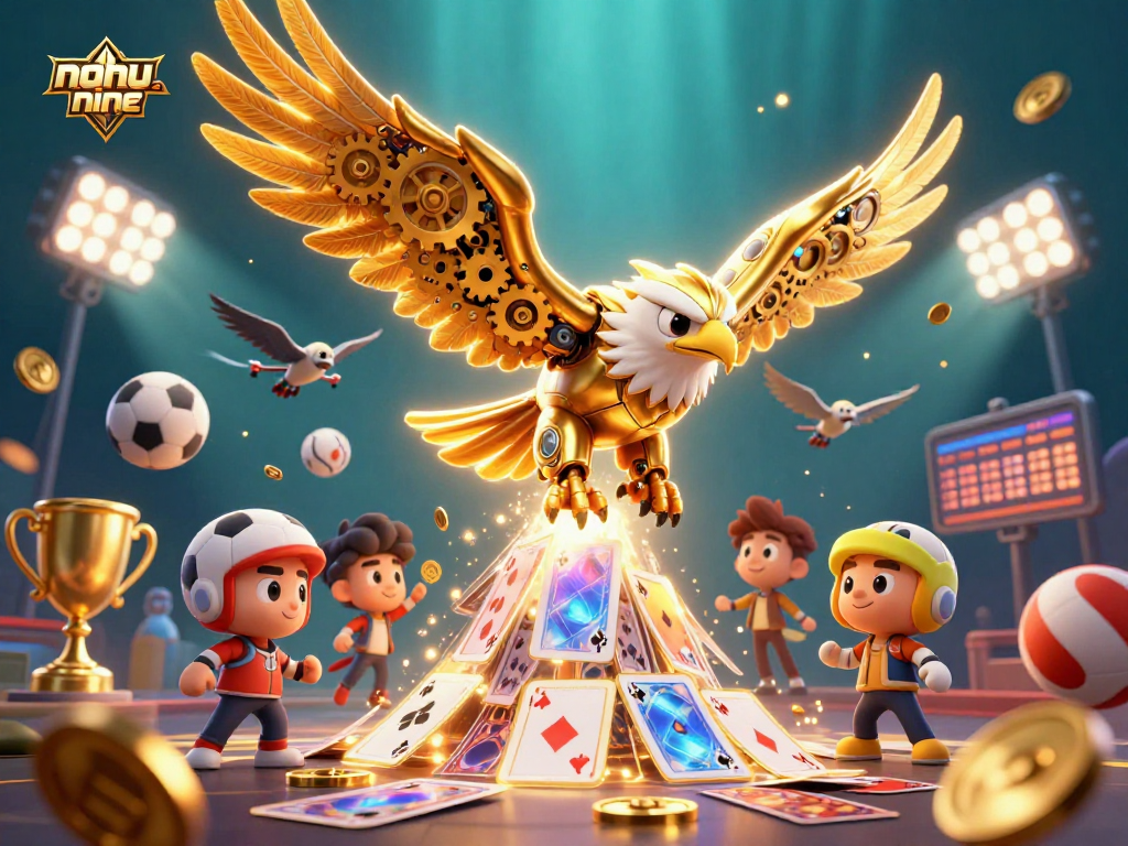 Experience thrilling gameplay in nohu-nine, showcasing action with cards and sports balls amidst dynamic visuals.