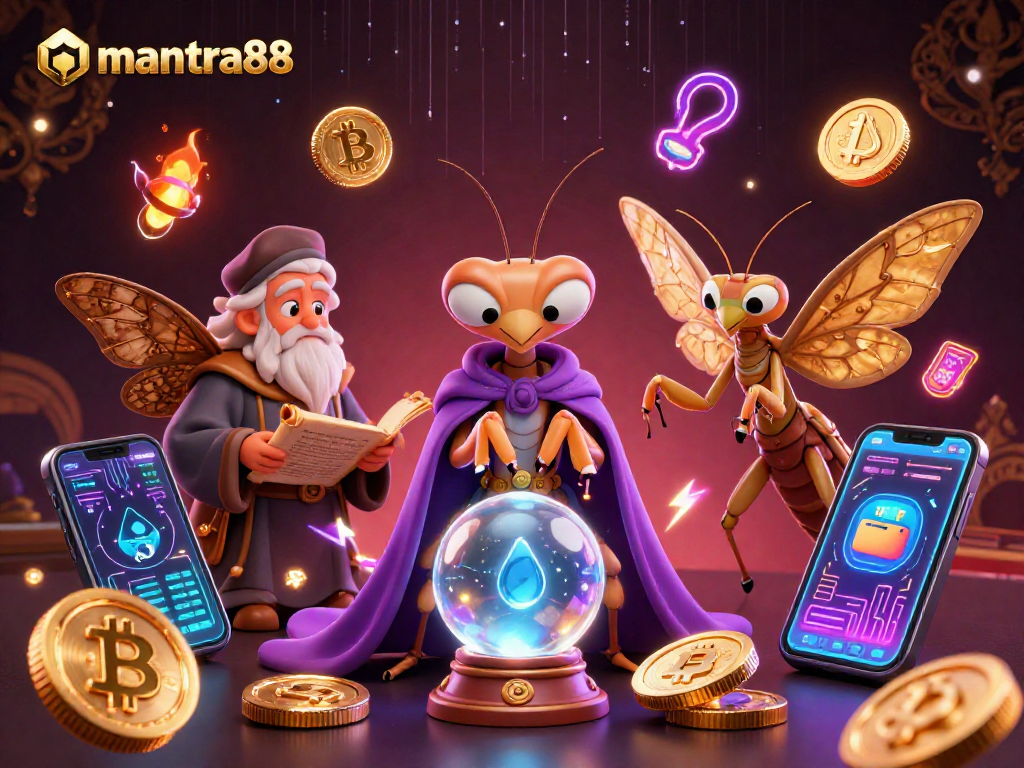 Experience the magic of gambling with mantra88, surrounded by crypto coins and mystical characters.
