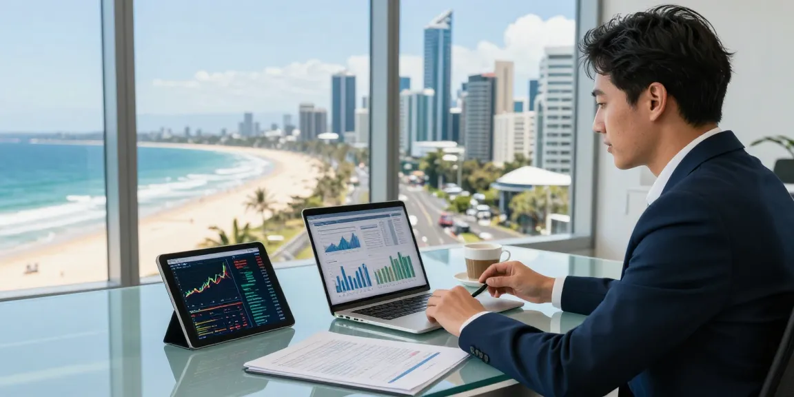 Strategic financial planning in Gold Coast Queensland Australia, showcasing modern office view and investment analysis.