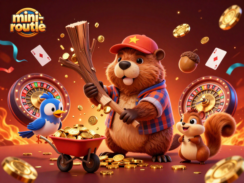Experience the excitement of mini-roulette as the beaver collects golden coins in this vibrant 3D casino scene.