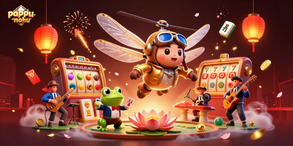 Pappu-nohu features an exciting dragonfly pilot and frog croupier amidst vibrant casino elements.