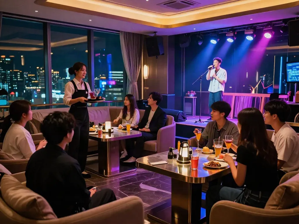 강남 달리는토끼에서 즐거운 시간을 보내는 손님들, 세련된 분위기의 가라오케 술집 내부 모습