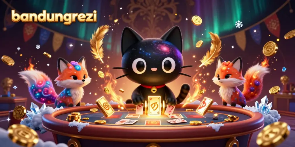 Engage with bandungrezeki as a cosmic black hole cat and colorful fox spin golden slot reels at a vibrant casino table.