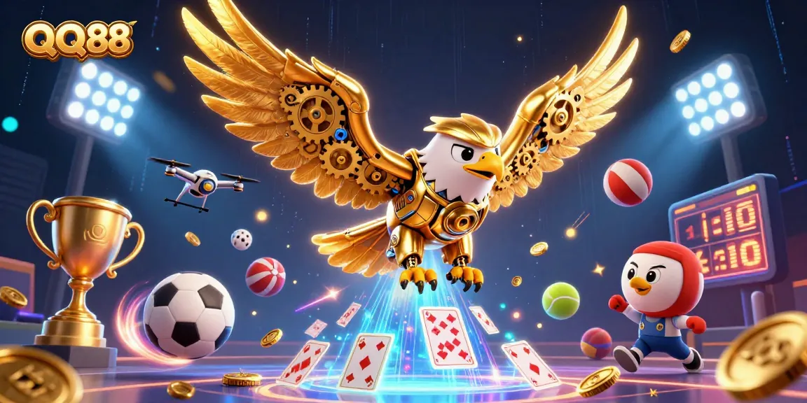 Experience thrilling gaming at QQ88 with a golden eagle soaring amid dynamic sports betting elements.