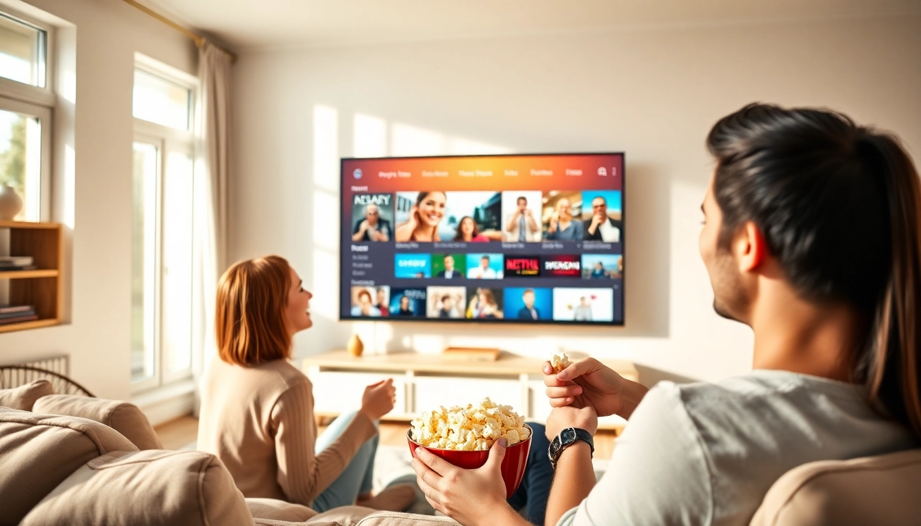 Couple enjoying an iptv free trial while relaxing in their living room.