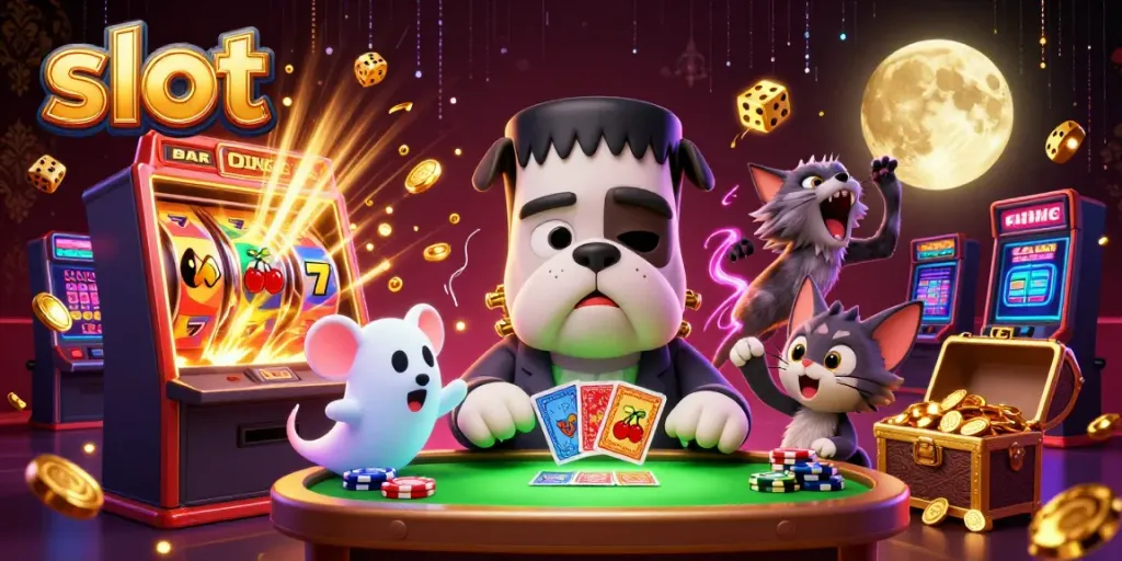 Slot yang menyenangkan dengan Frankenstein bulldog, mouse hantu, dan kitten serigala saat permainan berlangsung.
