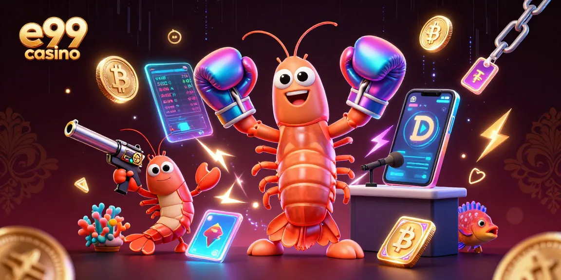 Experience winning strategies at e99 casino with vivid 3D casino elements and vibrant shrimp characters.