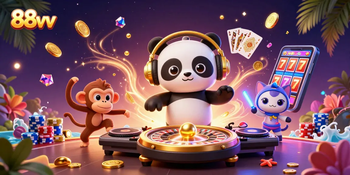 Join 88vv's vibrant casino scene with a DJ panda, dancing monkey, and rave kitten.
