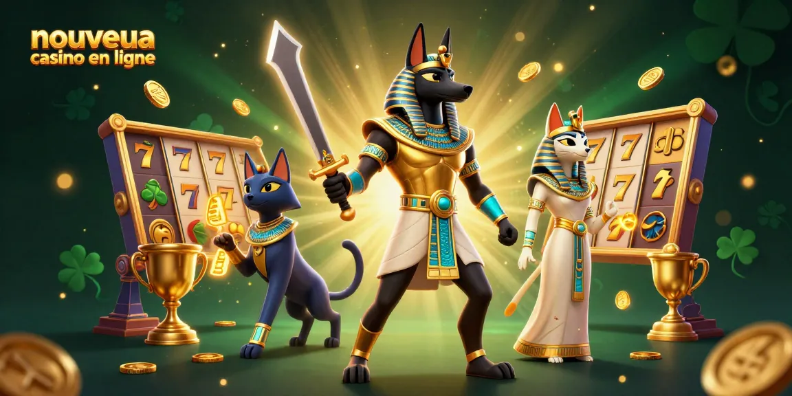 Vivez l'expérience d'un nouveau casino en ligne avec Anubis et Bastet entourés de jackpots et de symboles de machines à sous.