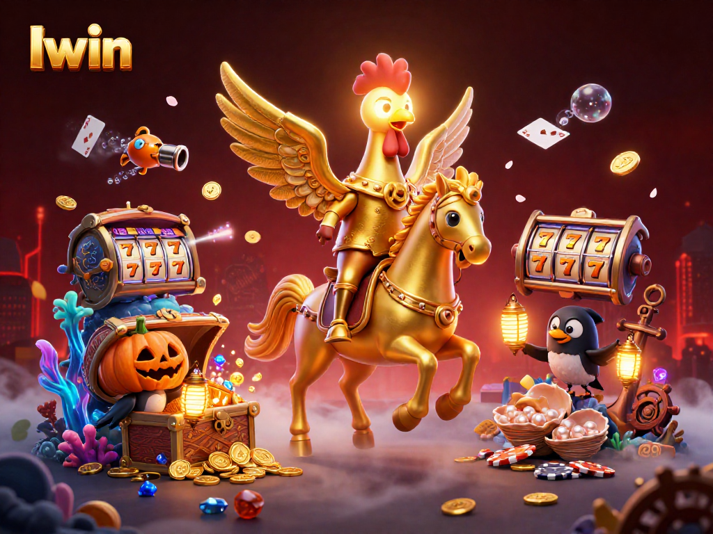 Experience thrilling gameplay at Iwin, featuring a golden rooster amidst casino treasures and vibrant characters.