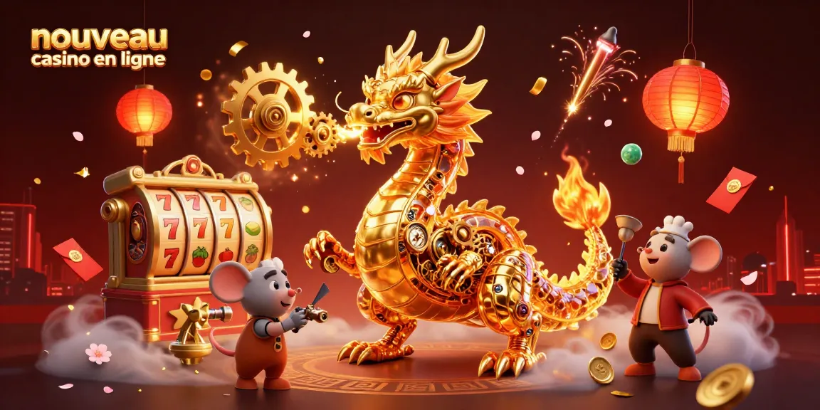 Illustration animée d'un nouveau casino en ligne avec un dragon doré et des symboles de jeu captivants.