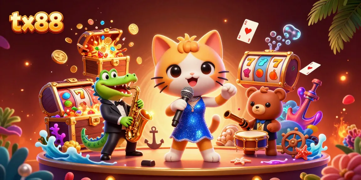 Celebrate with tx88's vibrant casino scene featuring lively characters and rich game elements.
