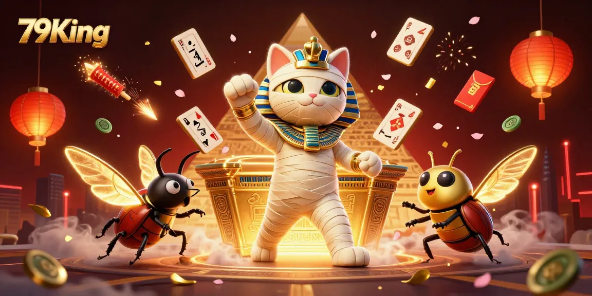 Engage with exciting games at 79King featuring an Egyptian mummy cat and vibrant casino elements.