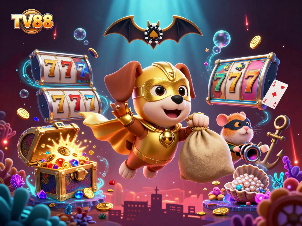Experience big wins with TV88 in this vibrant 3D casino illustration of a hero dog and sidekick.