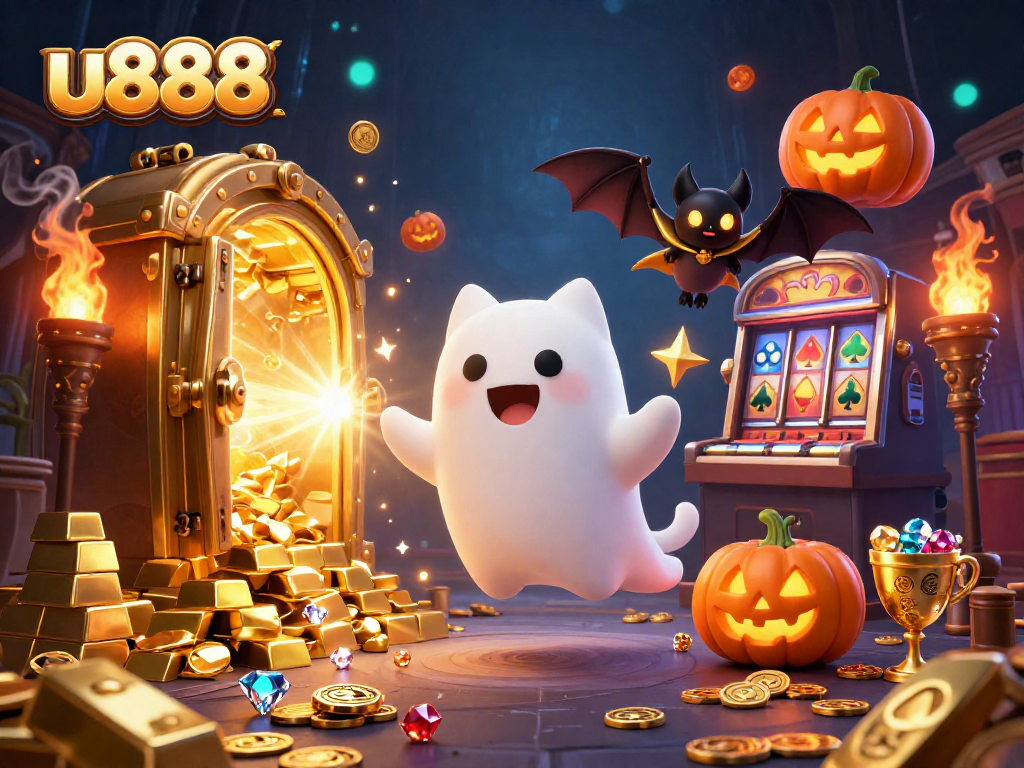 Experience the excitement of u888 with a ghostly cat and bat in a haunted casino scene.