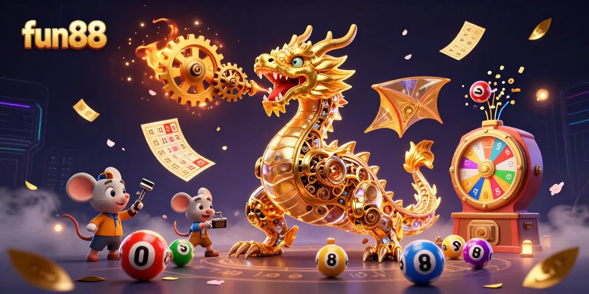 Experience thrilling excitement with fun88's dynamic gaming scene, featuring colorful lottery elements and an enchanting dragon.
