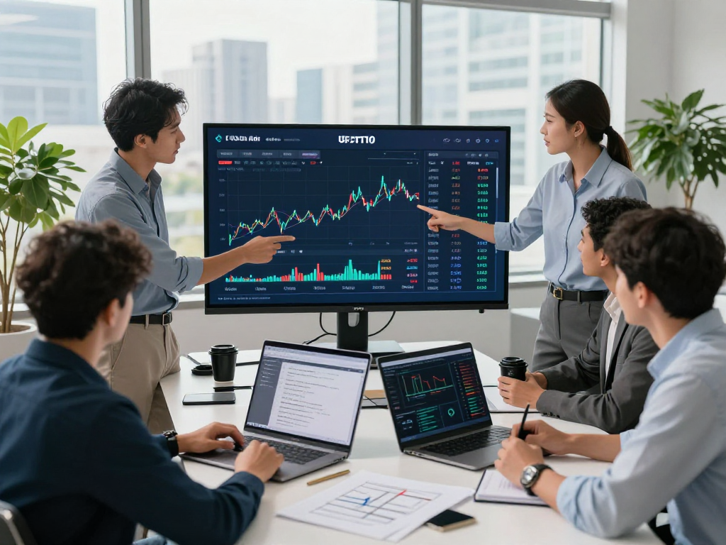 Team collaborating on USDT0 cross-chain transactions in a modern office.