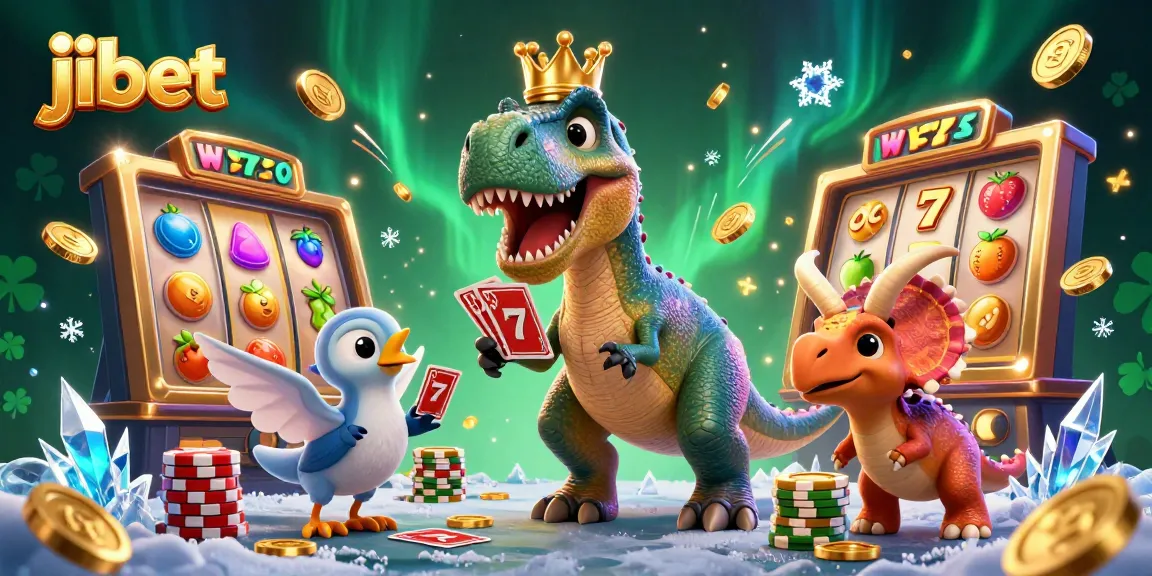 Spin the reels at Jibet with a friendly T-Rex, pterodactyl, and triceratops in a vibrant casino scene.
