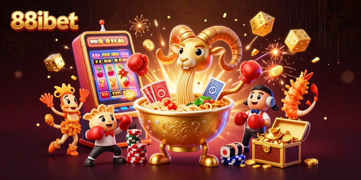 Engage with 88ibet's vibrant casino scene featuring a golden ramen bowl dealer, gyoza sidekick, and dynamic slot machine action.