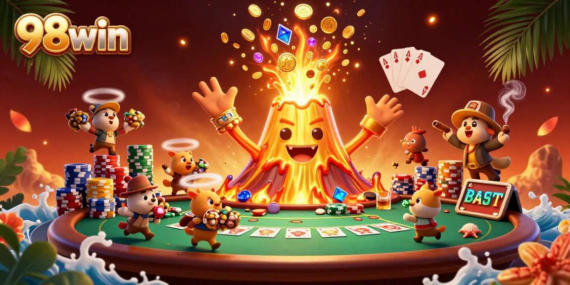 Experience the thrill of 98win with a vibrant 3D illustration of a casino volcano erupting treasures.