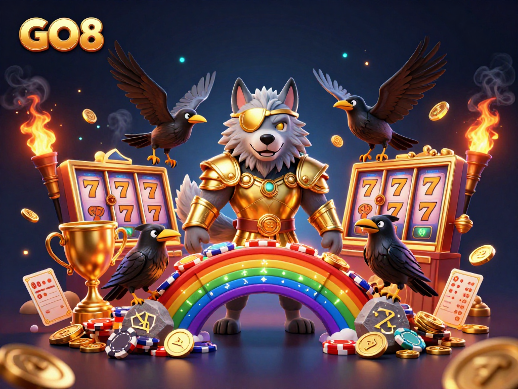 GO8 features a vibrant scene with a 3D cartoon Norse-style wolf and gaming elements, enhancing entertainment.