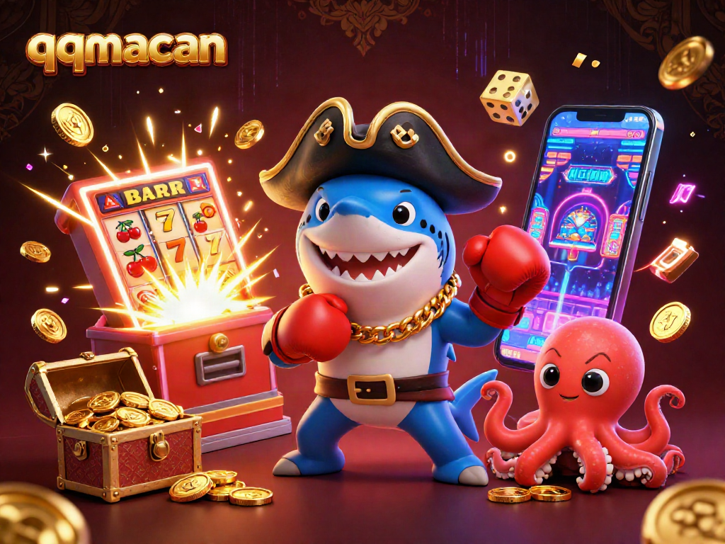 Play and win big with qqmacan in a vibrant mystical casino scene featuring a pirate shark and friends.