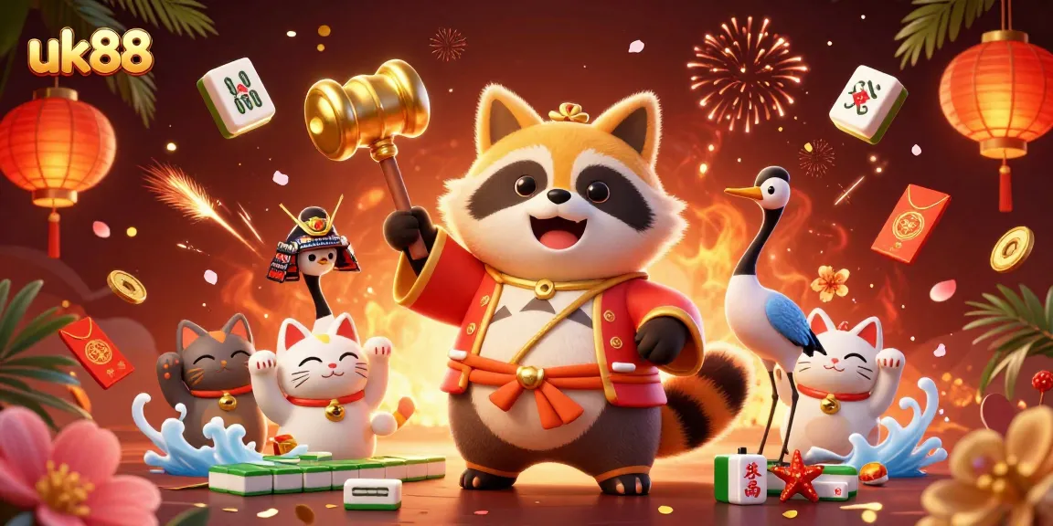 Engage with uk88's vibrant casino world featuring cheerful tanuki, samurai crane, and fortune cats.