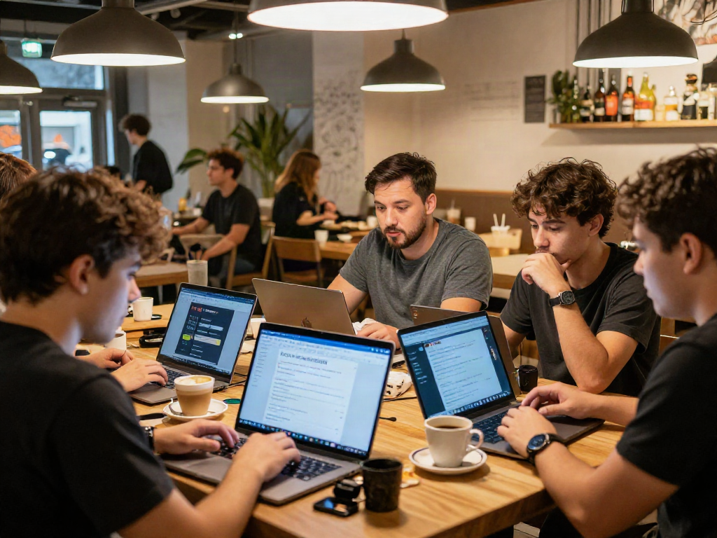 Group discussing 먹튀스팟 검증사이트 in a lively café, highlighting online gambling reviews.
