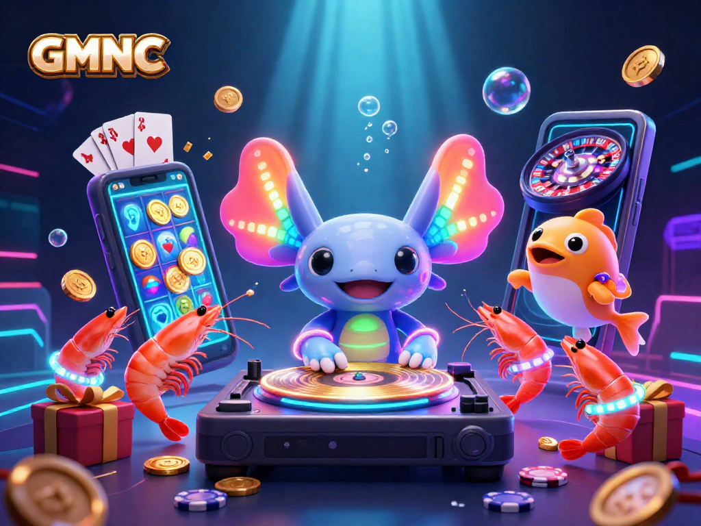 Experience GMNC's vibrant underwater casino scene with a neon axolotl DJ spinning gaming excitement.